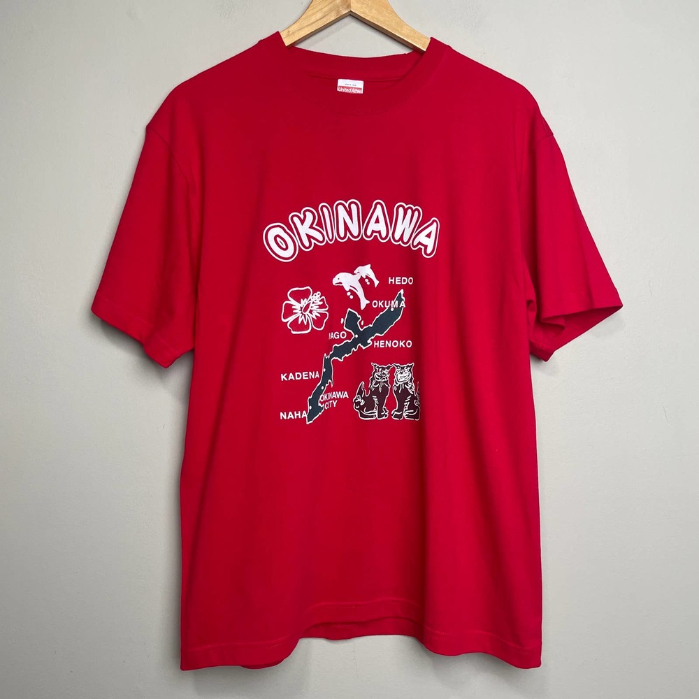 Okinawa Japan Graphic Short Sleeve Crewneck Tee Red Retro Vibe T-Shirt L